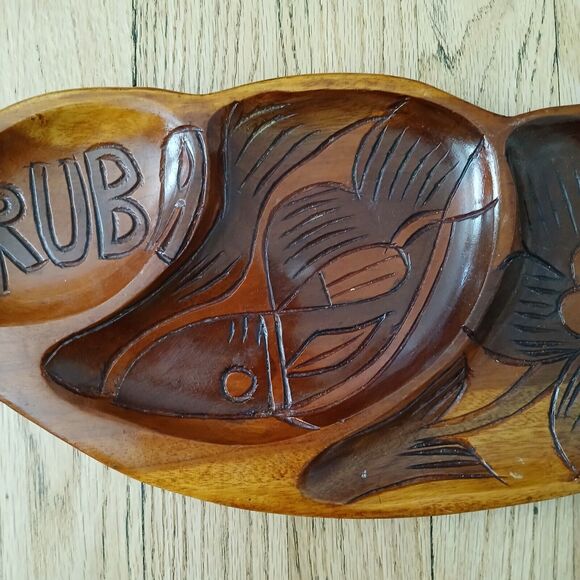 Carved Wooden Inlaid Flowers Aruba Leaf Shaped Dip Serving Tray Platter Dish - Picture 4 of 8